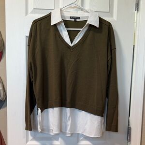 Adrianna Papell Olive V-Neck Sweater with White Layered Shirt